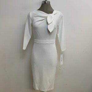 New CALVIN KLEIN Elegant White Sheath Dress 3/4 Sleeve Tie Neck
